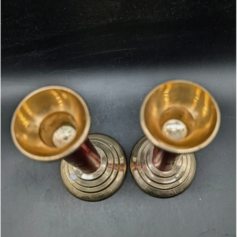 Vintage Brass Red Column Candlestick Holders Pair Mid Century Modern Gold Red 4